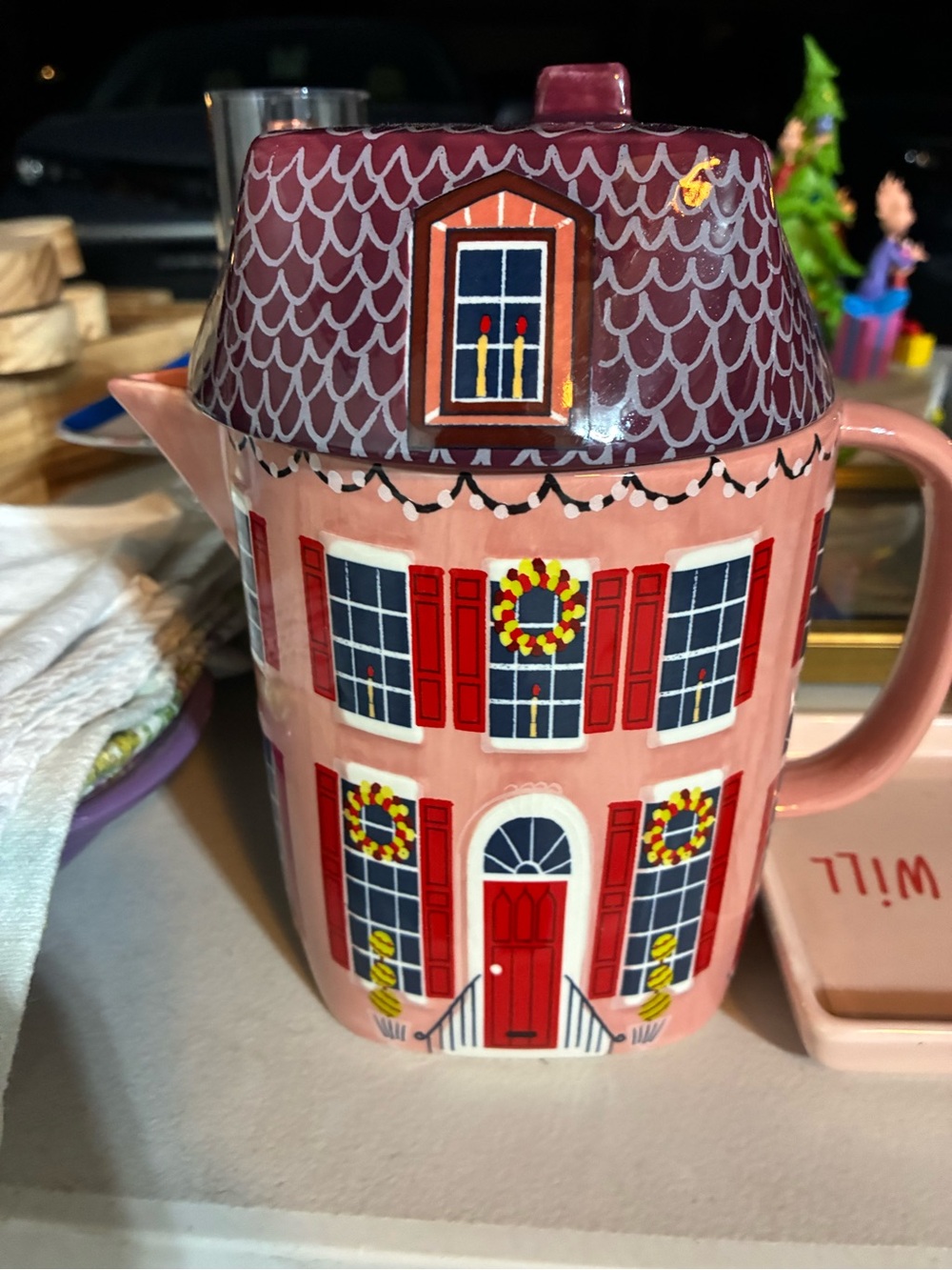Anthropologie Christmas Pink & Red House Teapot Mug